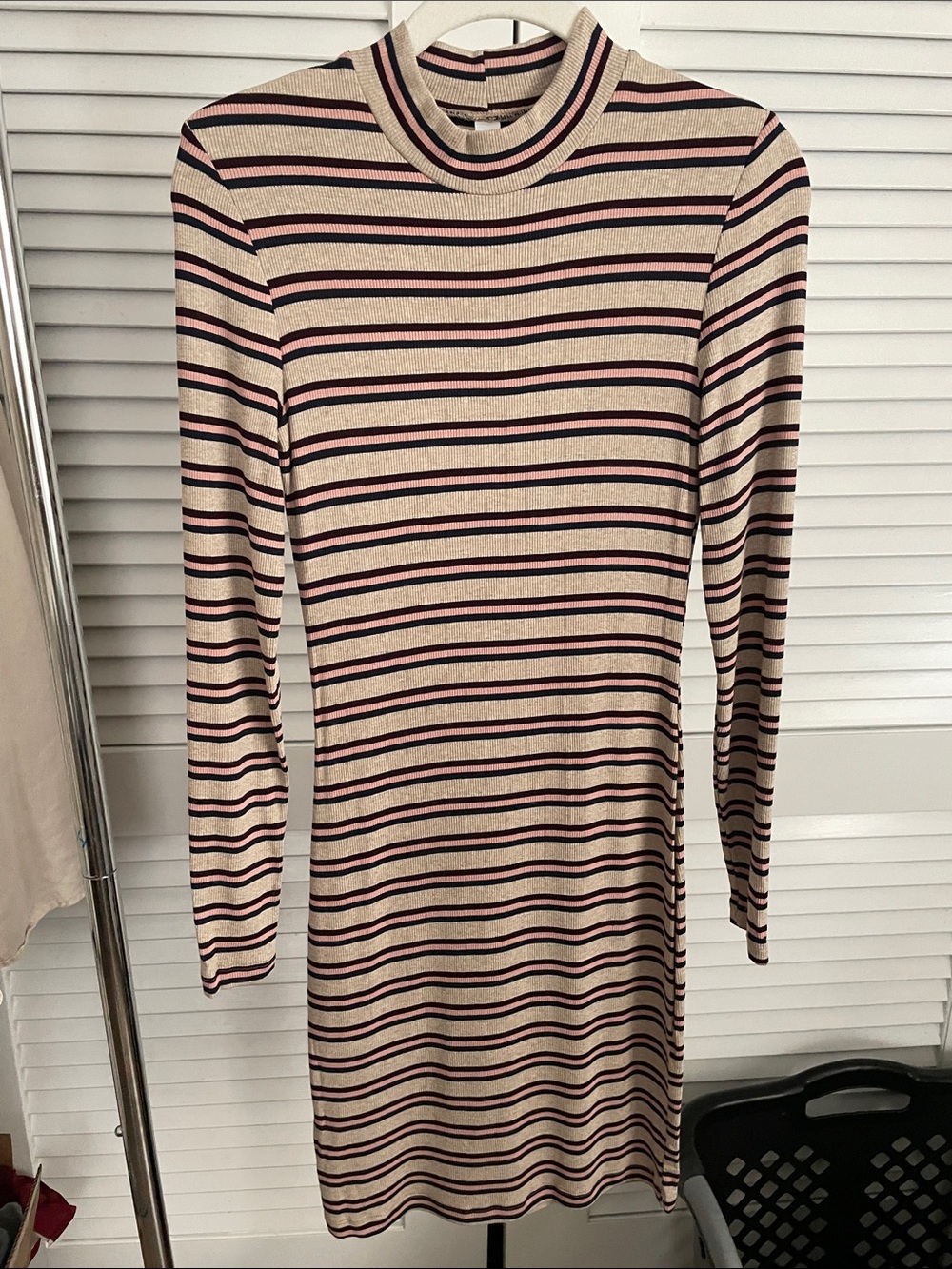 American Apparel Beige Sleeve Mock Neck Dress with Navy, Pink, and Maroon Stripe